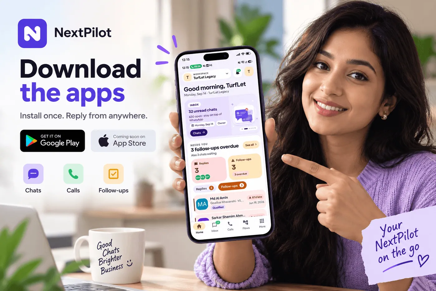 NextPilot Chat mobile app — stay organized with inbox, follow-ups, and team collaboration